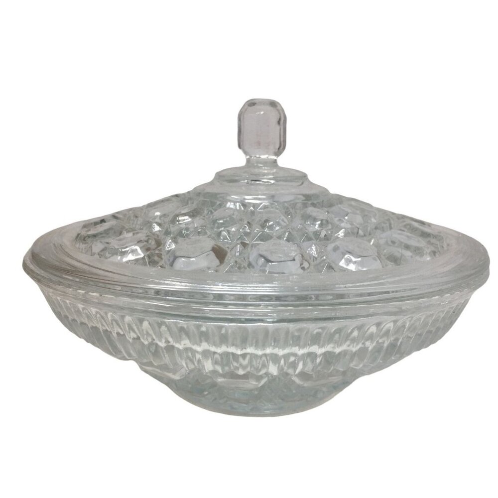 Beautiful Lidded Candy Dish - Indiana Glass Windsor Button and Cane Pattern